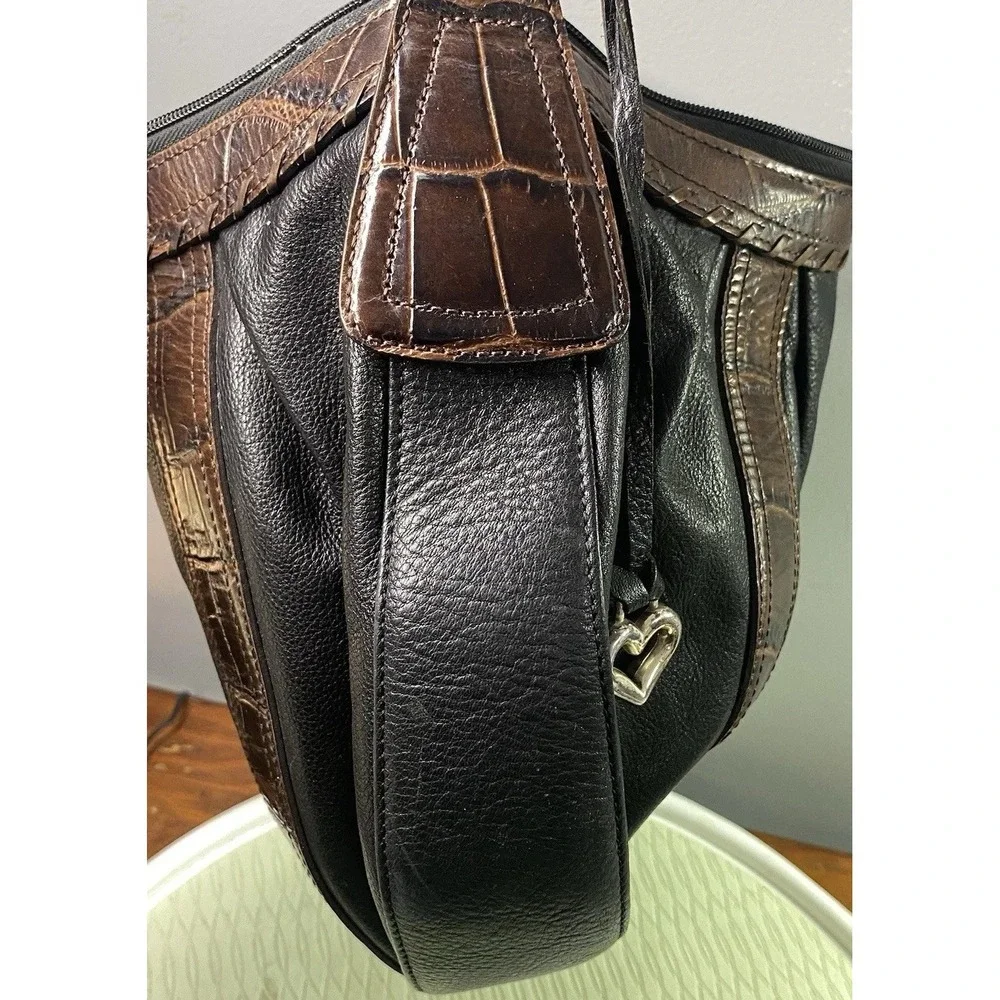 BRIGHTON Leather Women's Croc Purse Black&Brown Bag Tassel Hobo‎  9x13x2.5